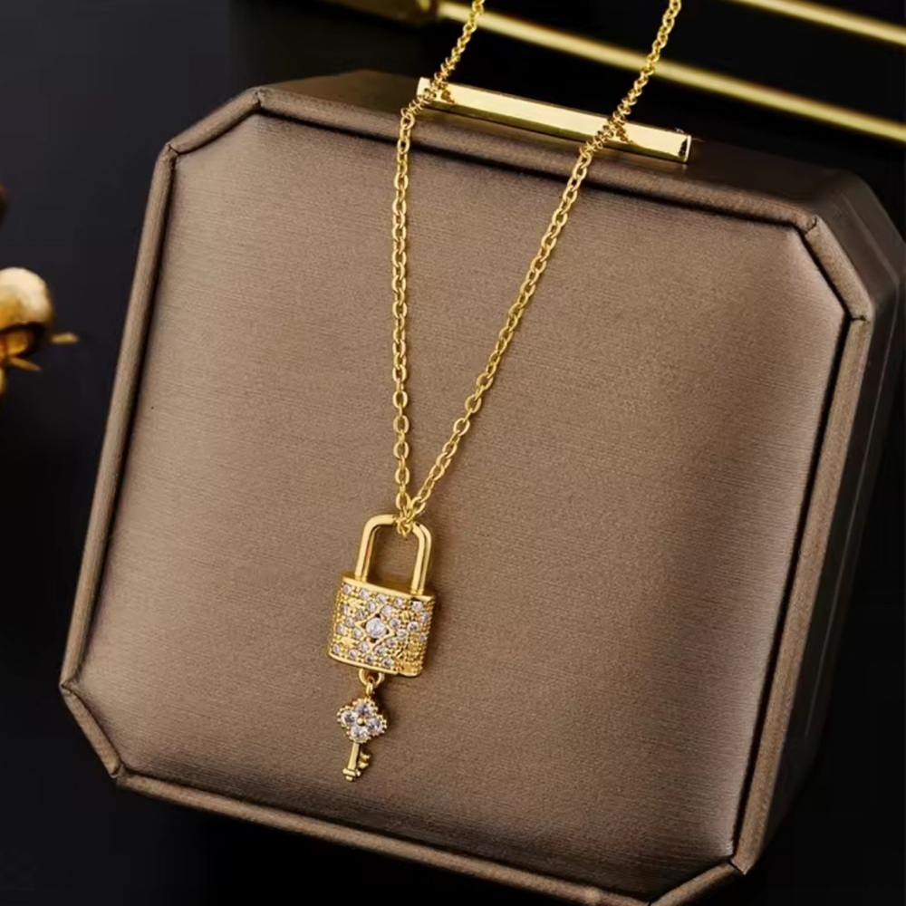 Gold Lock and Key Pendant Necklace – Sparkling Crystal Charm, Stainless Steel